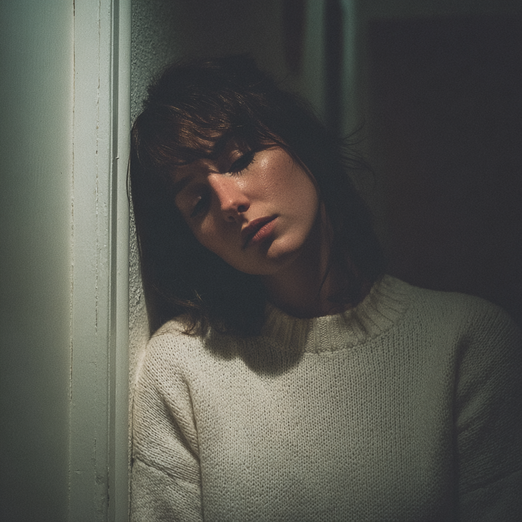 Eine Frau lehnt nachts an einer Wand | Quelle: Midjourney