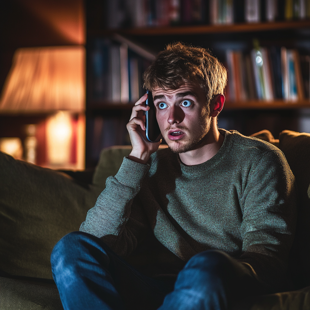 Ein schockierter junger Mann, der mit seinem Telefon spricht | Quelle: Midjourney