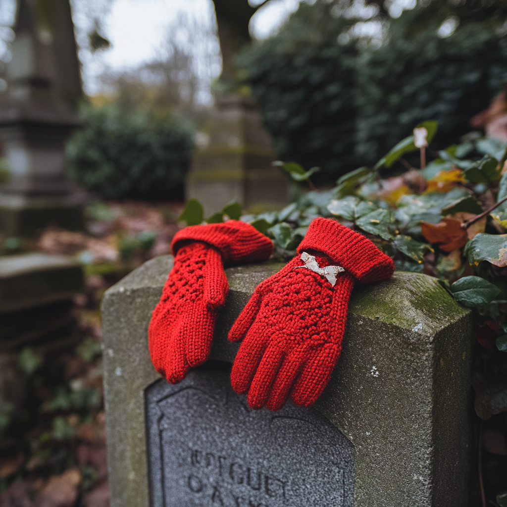 Rote gestrickte Handschuhe auf einem Grabstein | Quelle: Midjourney