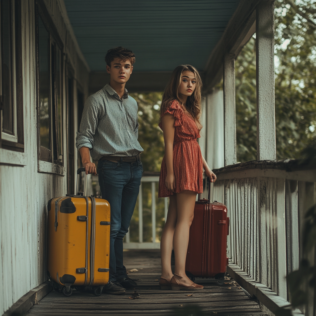 Ein enttäuschtes junges Paar steht mit seinen gepackten Koffern auf der Veranda | Quelle: Midjourney