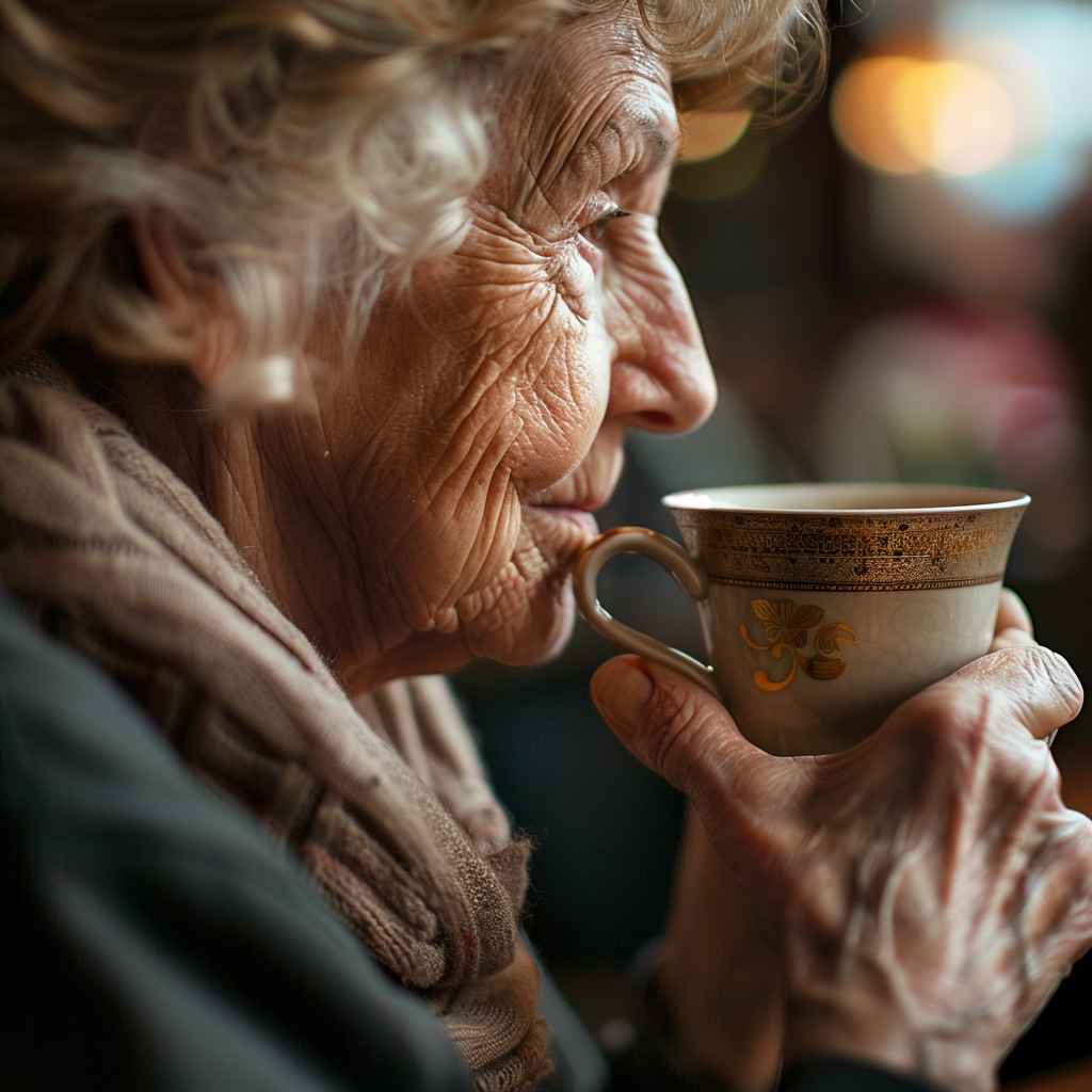 Eine ältere Frau mit einer Tasse Tee in der Hand | Quelle: Midjourney