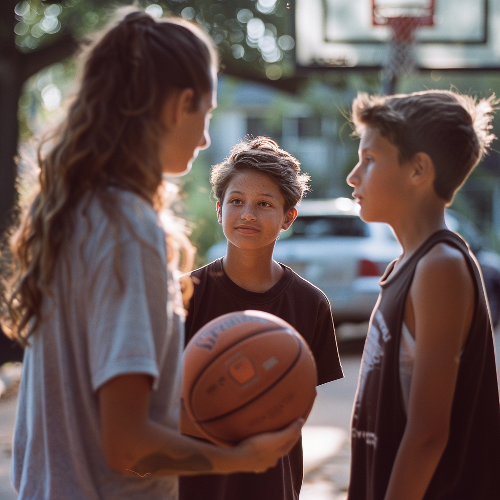 Coach Reynolds leitet Jason und seine Teamkollegen auf dem Basketballplatz an | Quelle: Midjourney