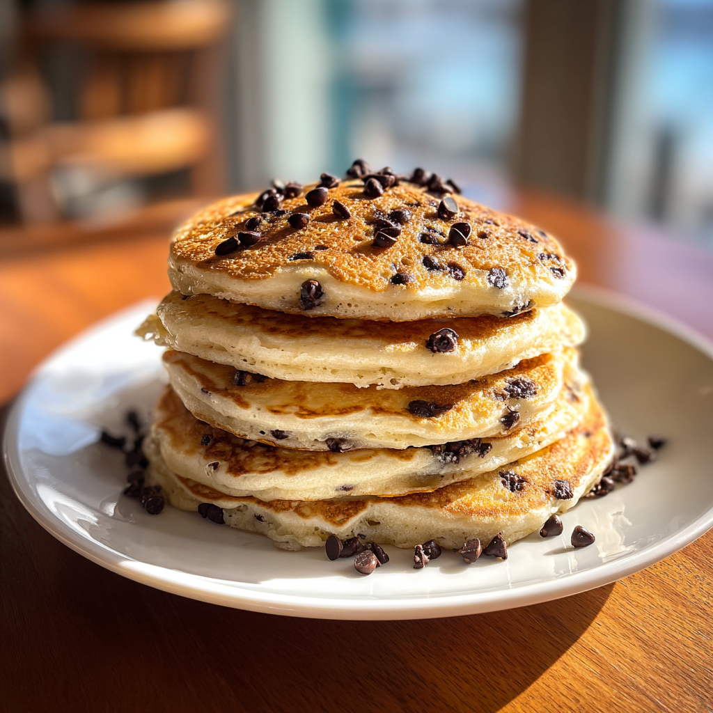 Ein Stapel Pfannkuchen mit Schokoladenstückchen | Quelle: Midjourney