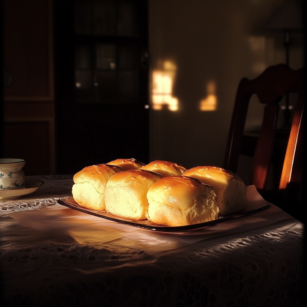 Um prato de pãezinhos sobre uma mesa | Fonte: Midjourney