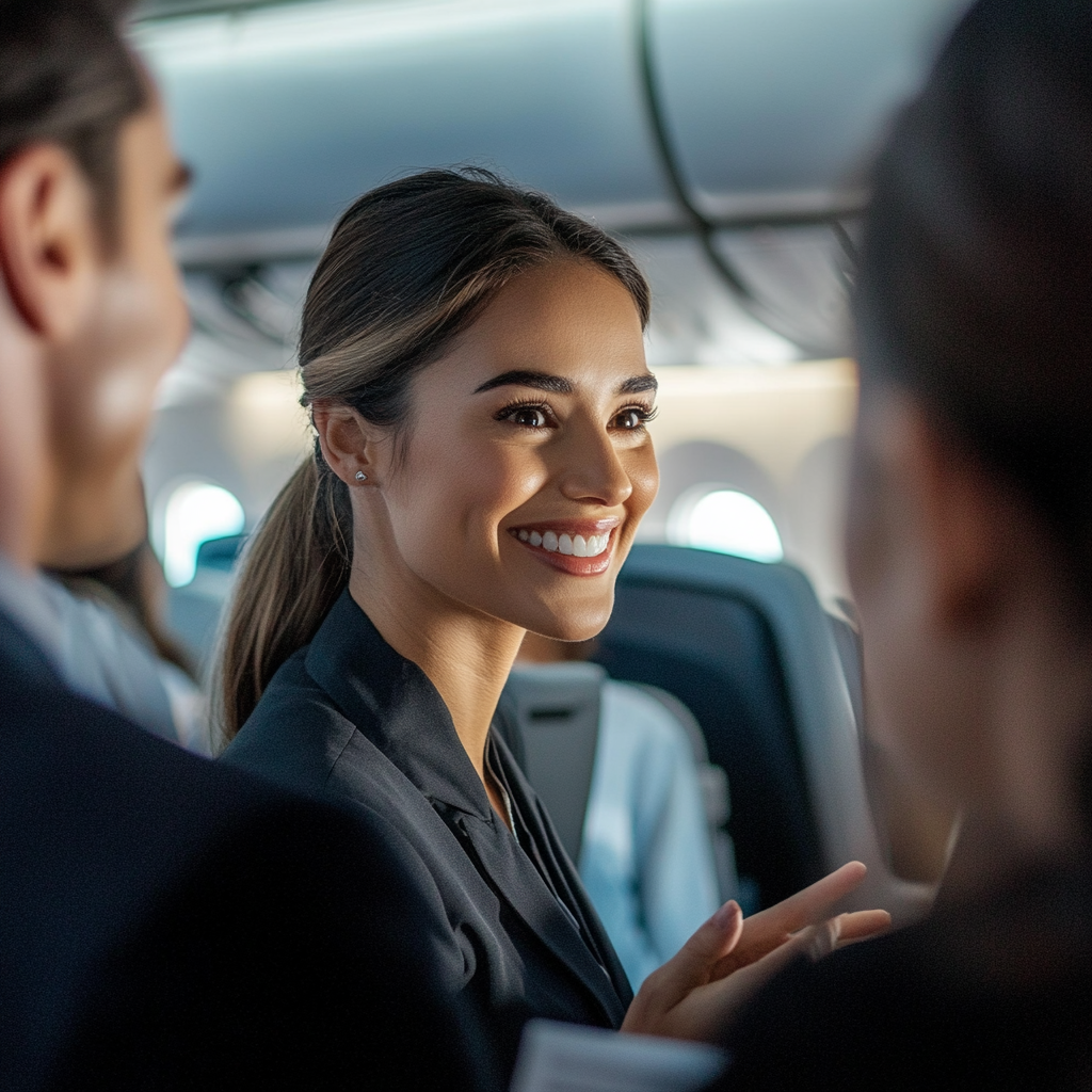 Eine Flugbegleiterin im Gespräch mit Passagieren | Quelle: Midjourney