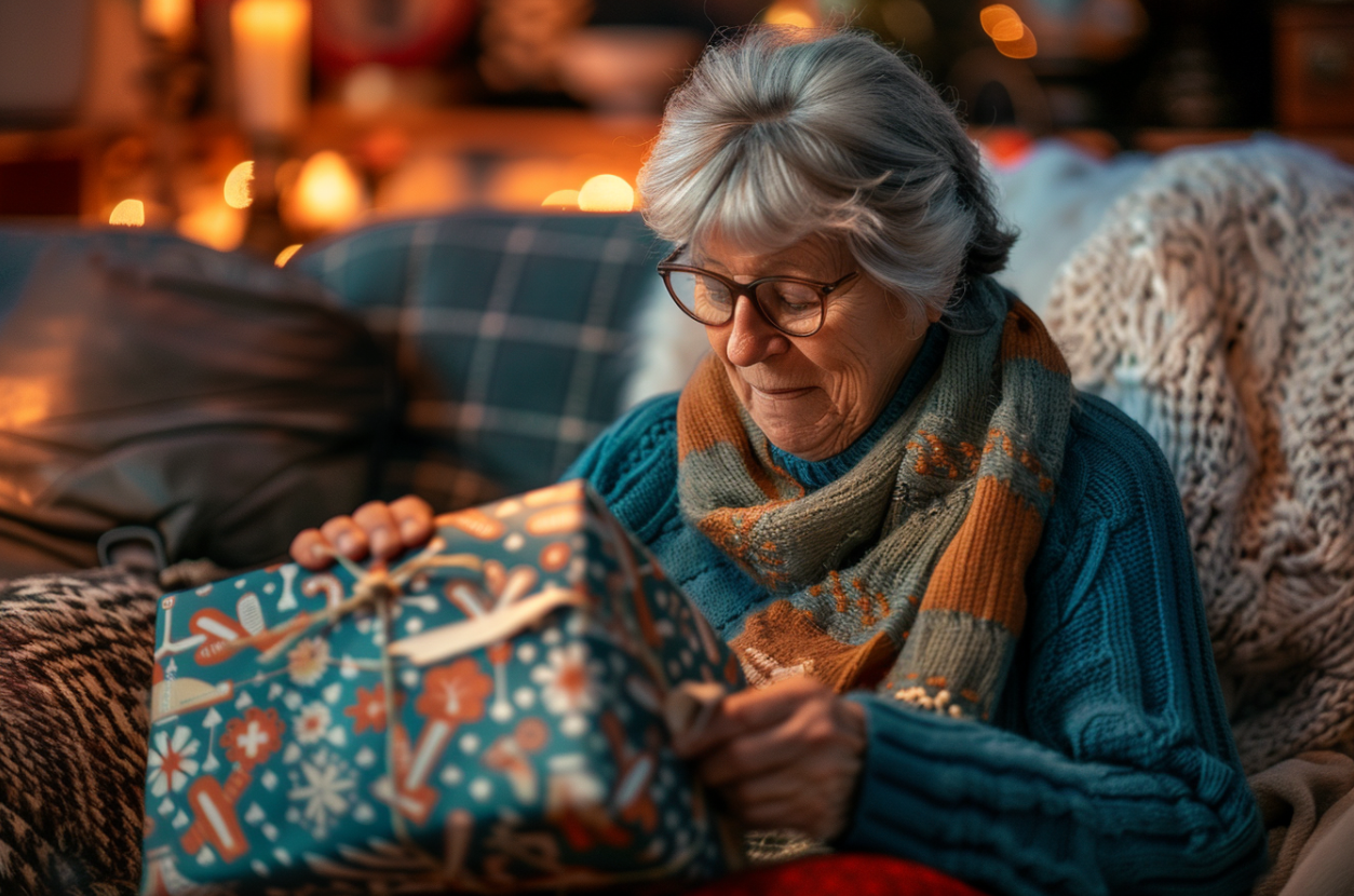 Eine reife Frau packt ein Geschenk ein | Quelle: MidJourney