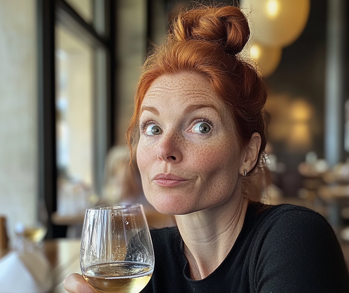 Eine überraschte Frau mit einem Glas Wein in der Hand | Quelle: Midjourney