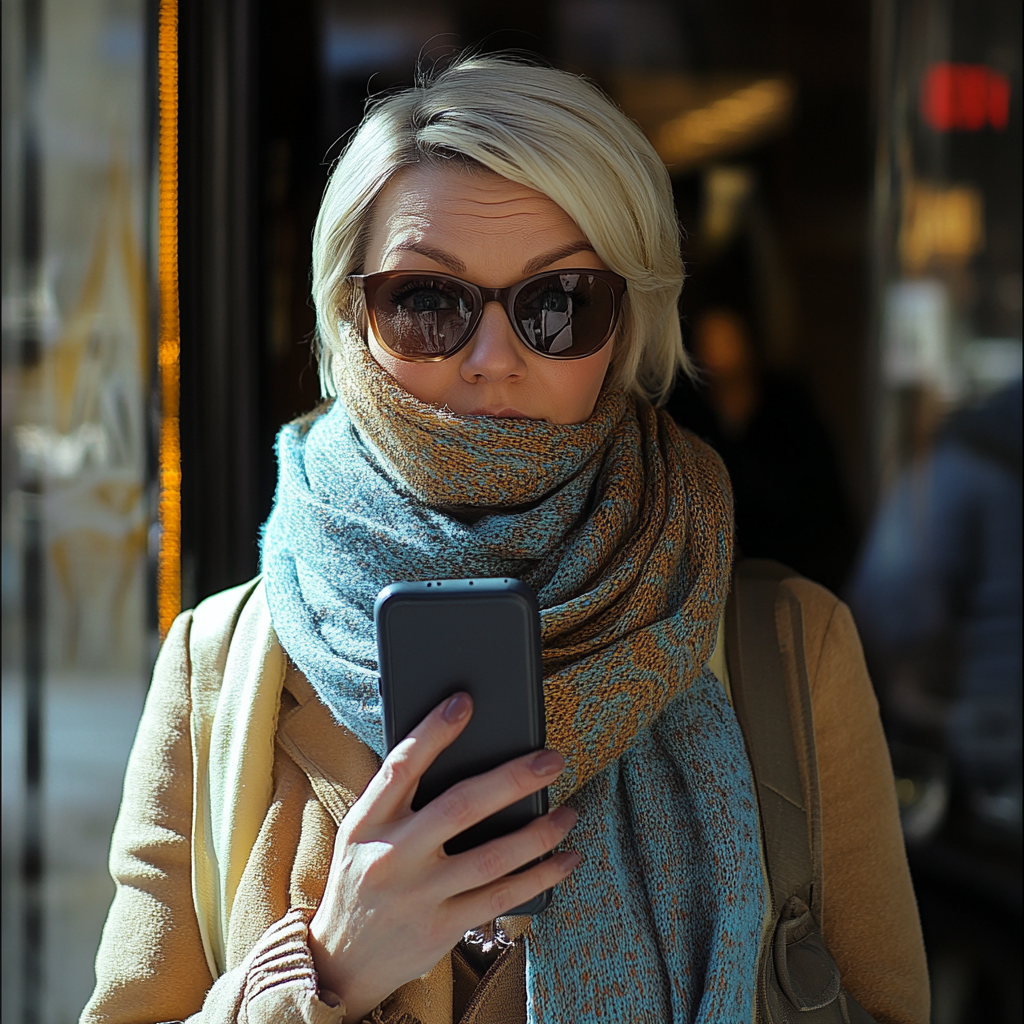 Eine gestresste, mit einem Schal bedeckte Frau mit großer Sonnenbrille, die ein Telefon hält | Quelle: Midjourney