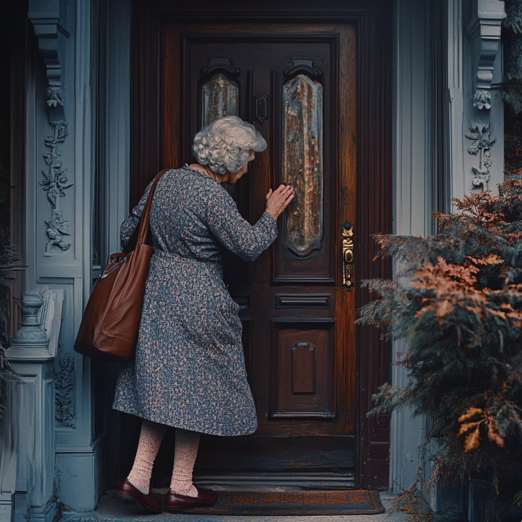 Eine Frau klopft an die Tür eines Herrenhauses | Quelle: Midjourney
