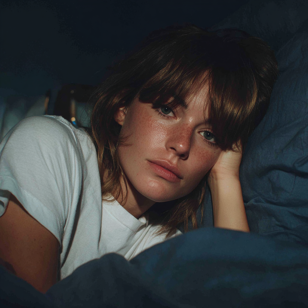 Eine emotionale Frau, die sich in ihrem Bett ausruht | Quelle: Midjourney