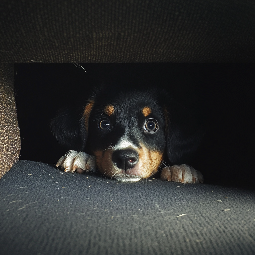 Ein Welpe versteckt sich in einem Auto | Quelle: Midjourney