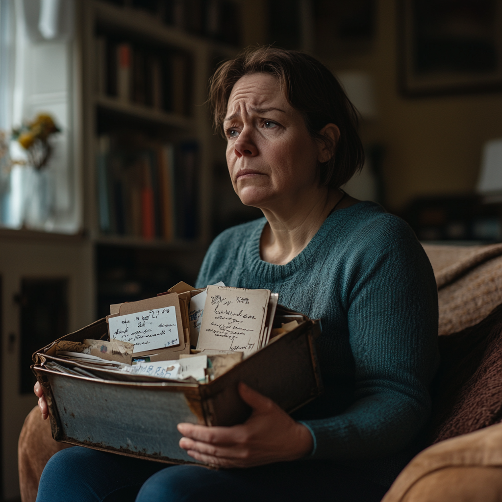 Eine ernste Frau hält eine Schachtel mit Buchstaben ⏐ Quelle: Midjourney