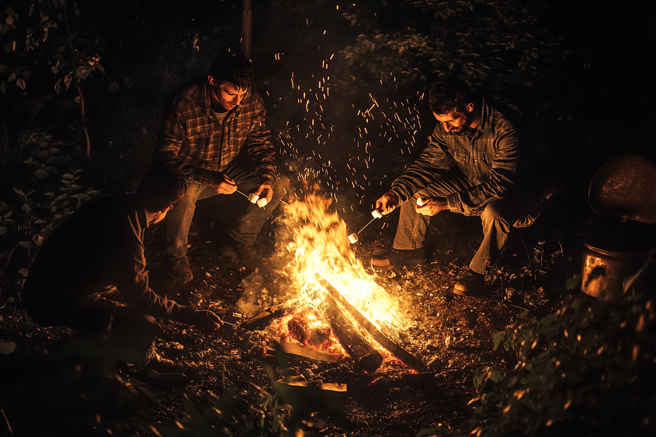 Männer um ein Lagerfeuer, die Marshmallows rösten | Quelle: Midjourney