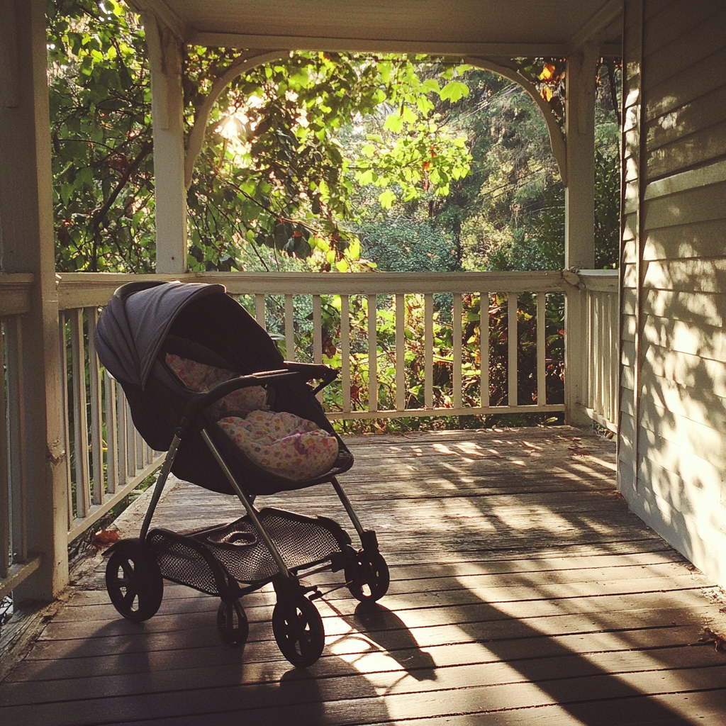 Ein Kinderwagen auf einer Veranda | Quelle: Midjourney