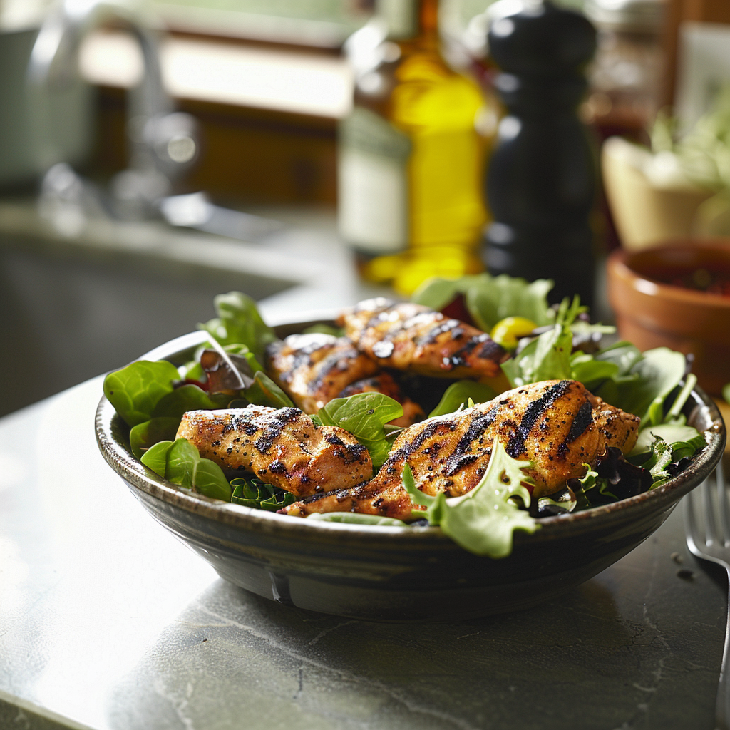 Ein Salat mit gegrilltem Hähnchen auf einer Theke | Quelle: Midjourney