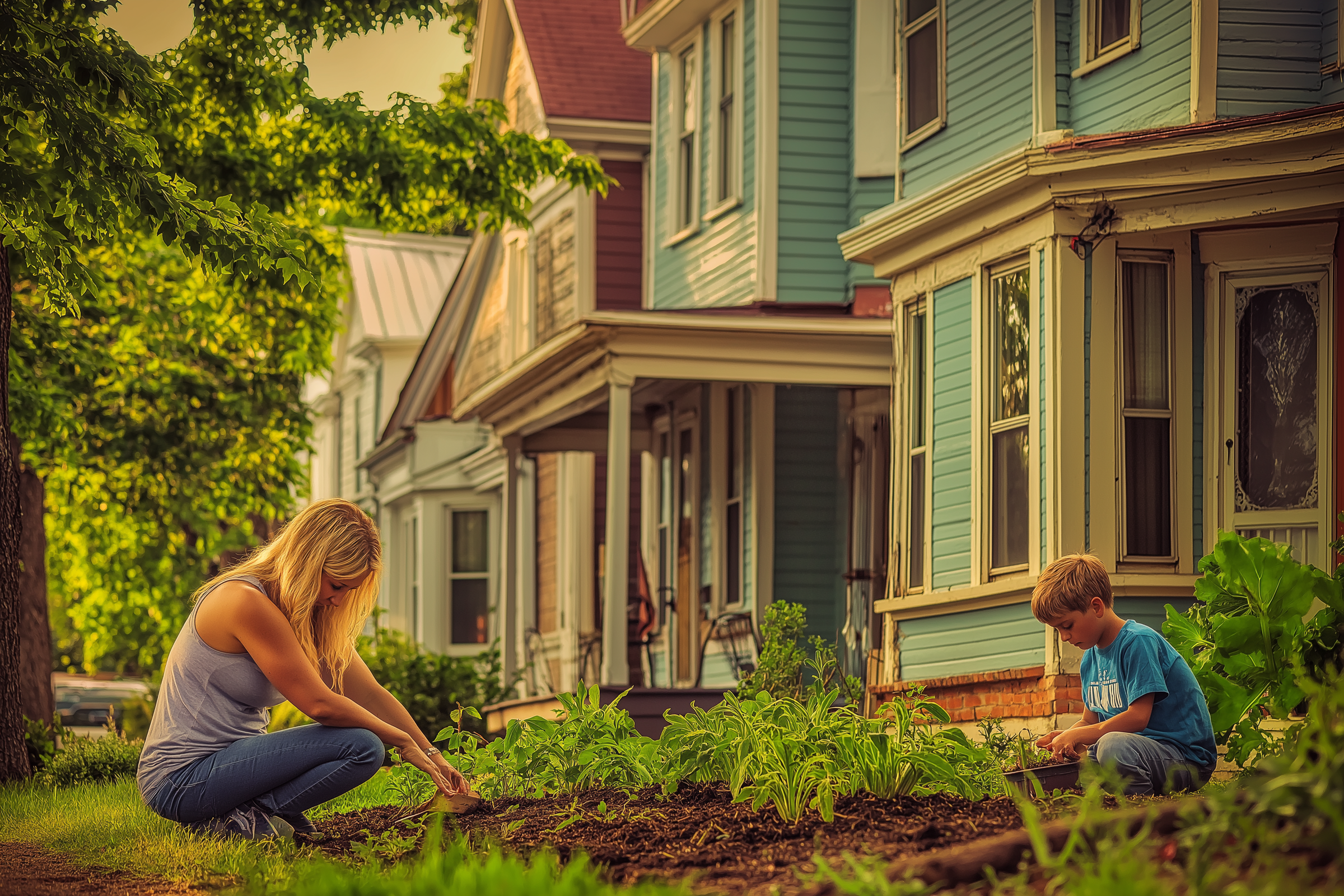 Eine Frau und ihr Sohn kümmern sich um einen Garten | Quelle: Midjourney