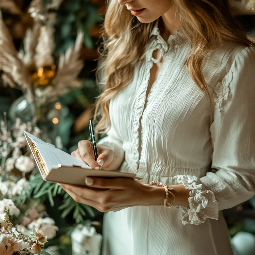 Eine Hochzeitsplanerin macht sich Notizen | Quelle: Midjourney