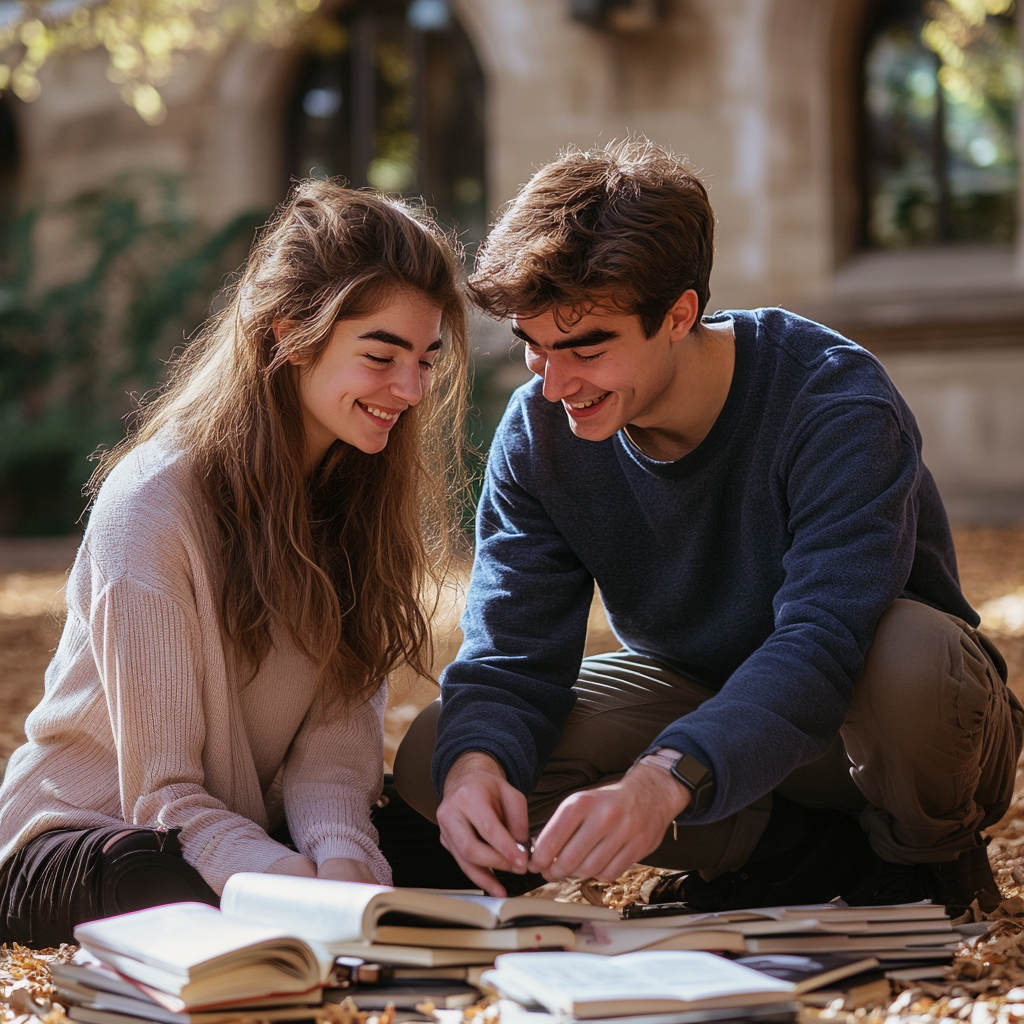 Ein junges Paar kniet nieder, um heruntergefallene Bücher auf einem College-Campus aufzuheben | Quelle: Midjourney