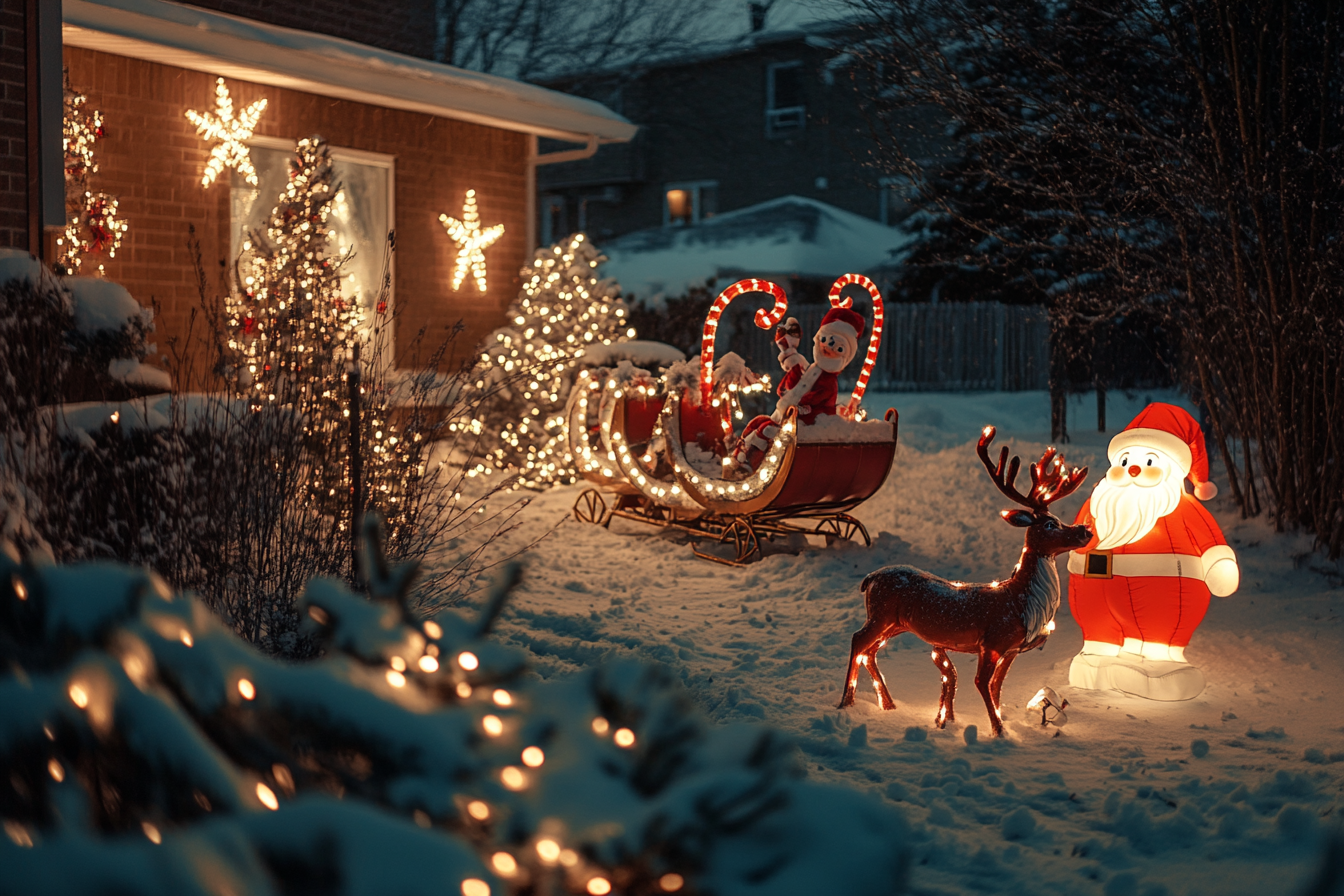 Weihnachtsdekoration in einem verschneiten Hof | Quelle: Midjourney