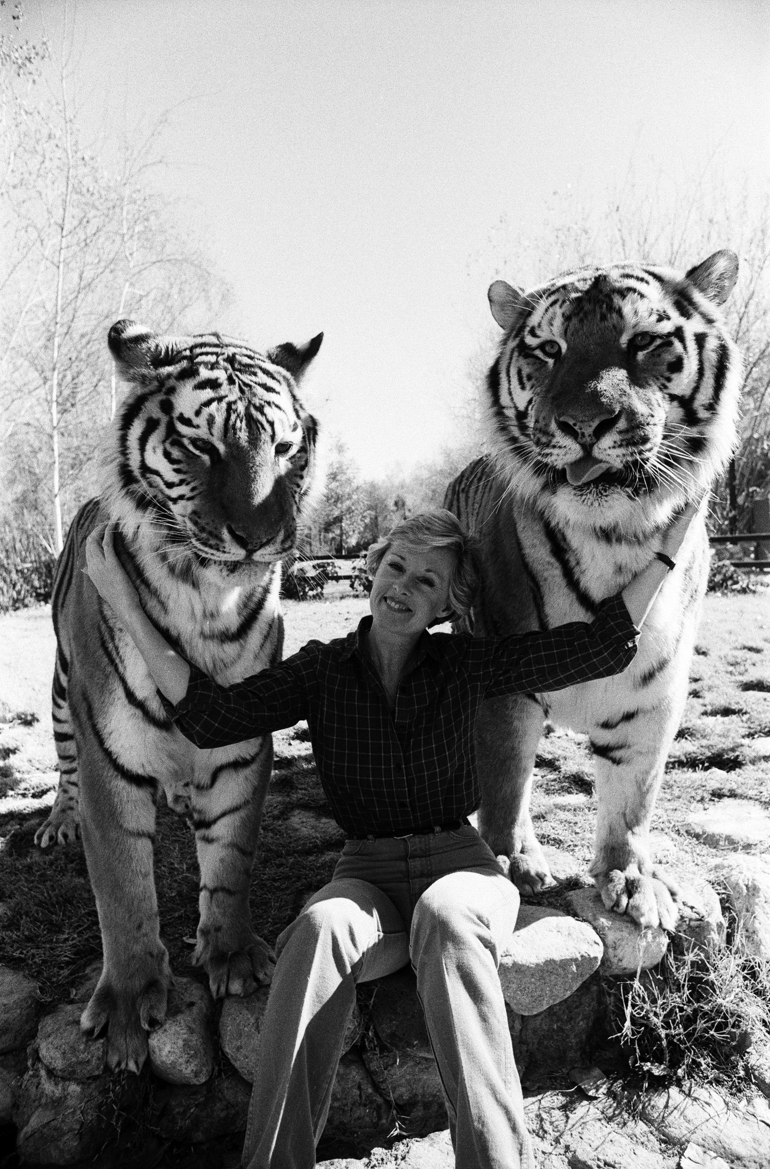 Tippi Hedren mit ihren Tieren auf ihrem Grundstück im San Fernando Valley am 25. Januar 1982. | Quelle: Getty Images