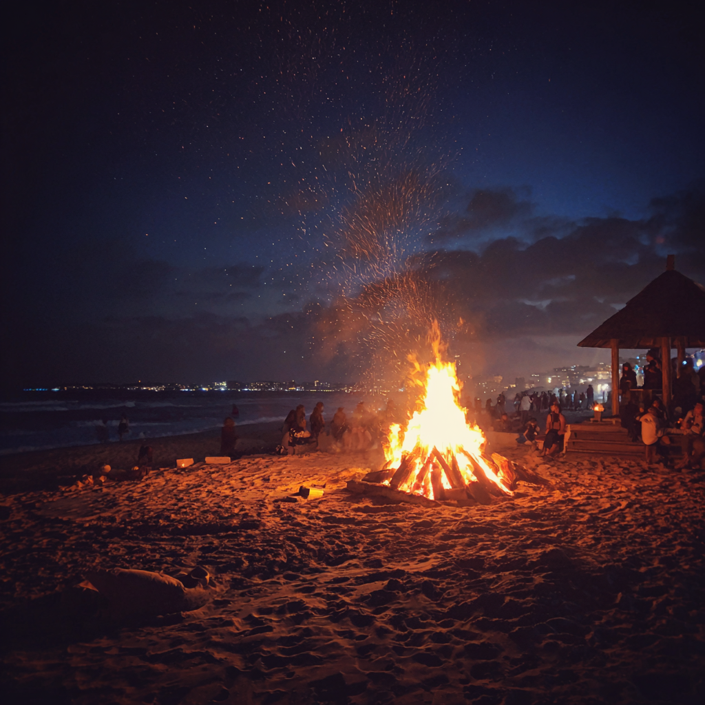 Ein Lagerfeuer am Strand | Quelle: Midjourney