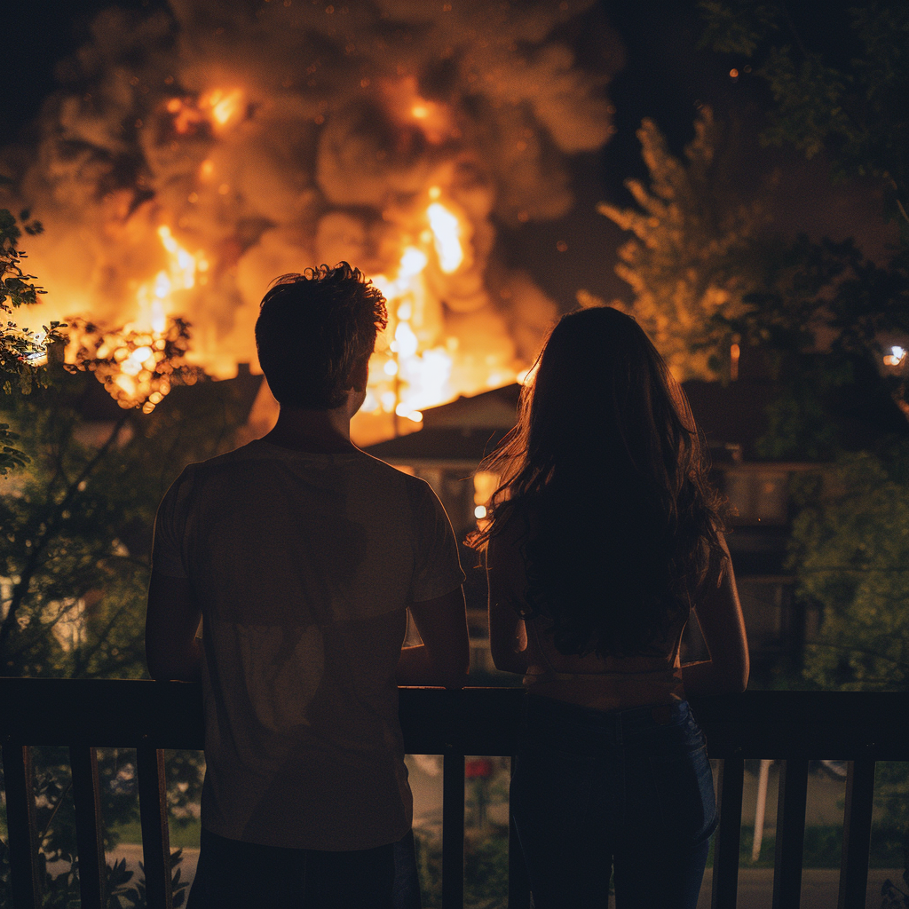 Um casal na sacada observando uma casa em chamas no bairro | Fonte: Midjourney