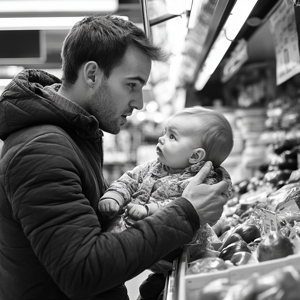 Ein tollpatschiger Mann mit seinem Baby | Quelle: Midjourney