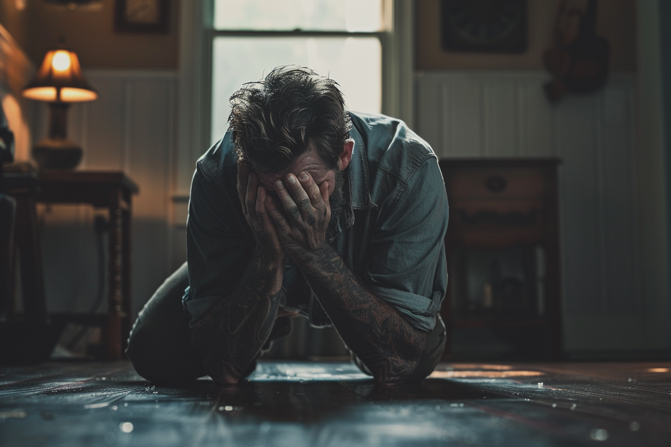 Ein Mann, der auf dem Boden kniet und weint | Quelle: Midjourney