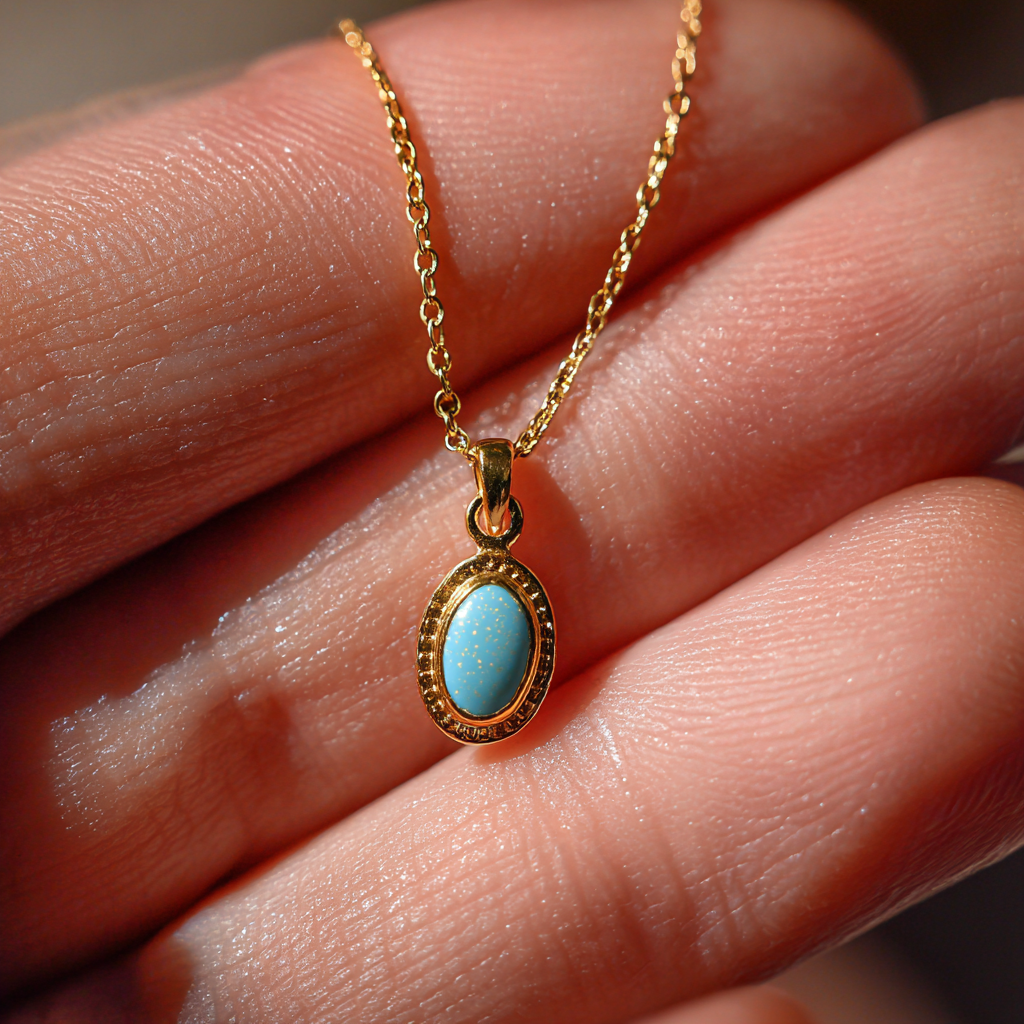 Eine Nahaufnahme einer Frauenhand, die einen goldenen Anhänger mit einem hellblauen Emaille-Charm hält | Quelle: Midjourney
