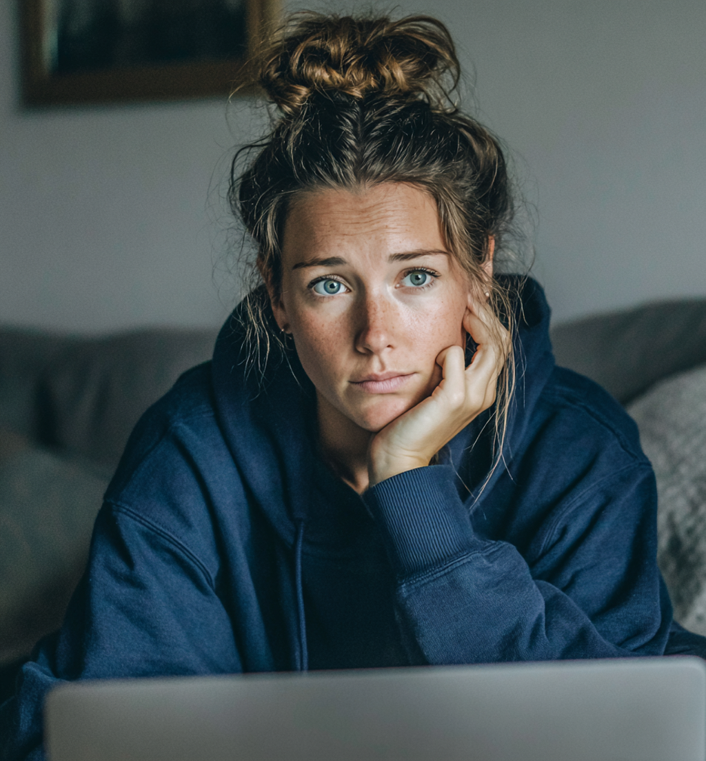 Eine Frau sitzt auf einer Couch und benutzt ihren Laptop | Quelle: Midjourney