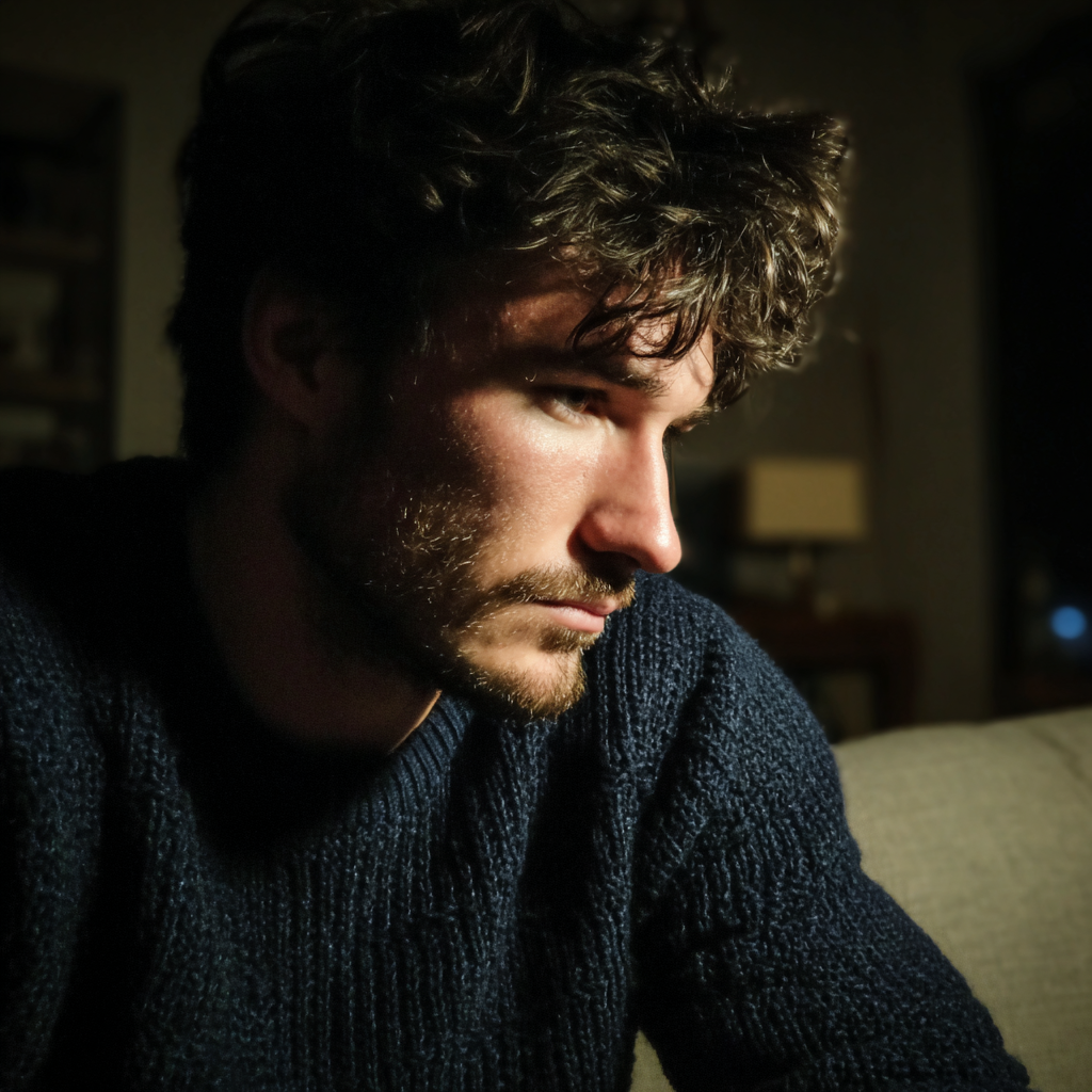 Ein nachdenklicher Mann sitzt auf einer Couch | Quelle: Midjourney