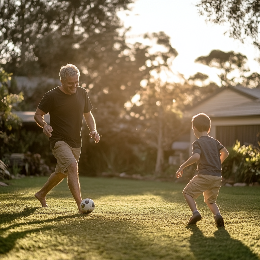 Ein Vater und sein Sohn spielen mit einem Ball | Quelle: Midjourney