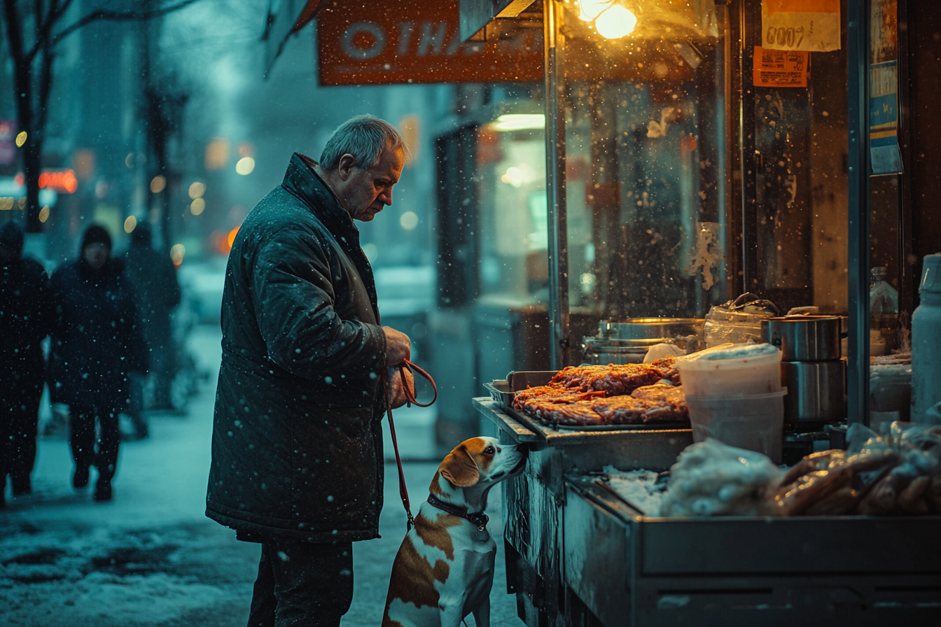 Obdachloser Mann mit Hund vor einem Schawarma-Stand an einem verschneiten Tag | Quelle: Midjourney