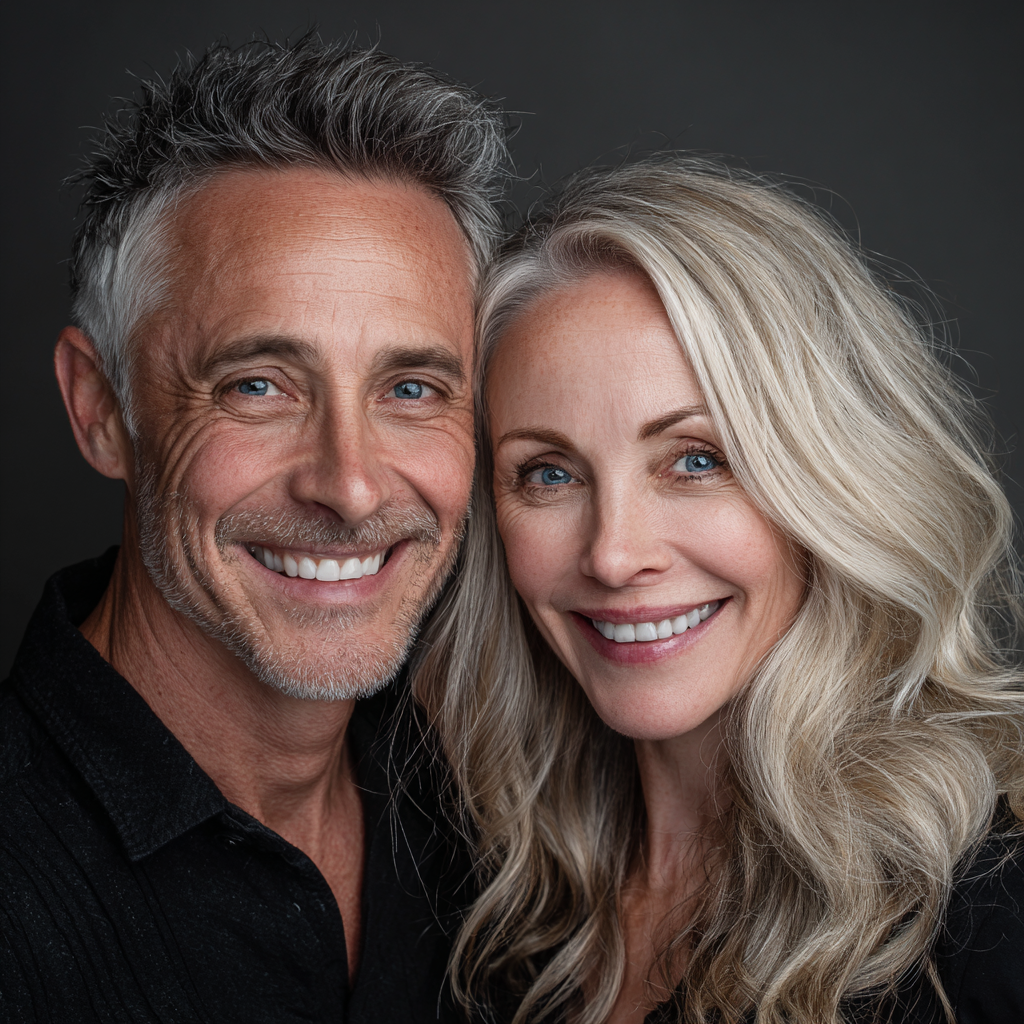 Eine Nahaufnahme eines lächelnden Paares | Quelle: Midjourney