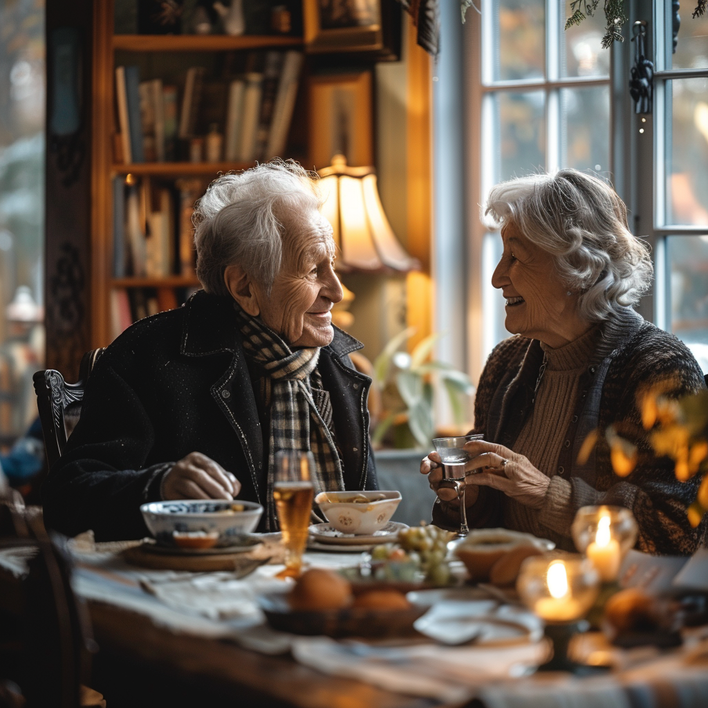 Lindas Schwiegereltern beim Abendessen mit dem Paar | Quelle: Midjourney