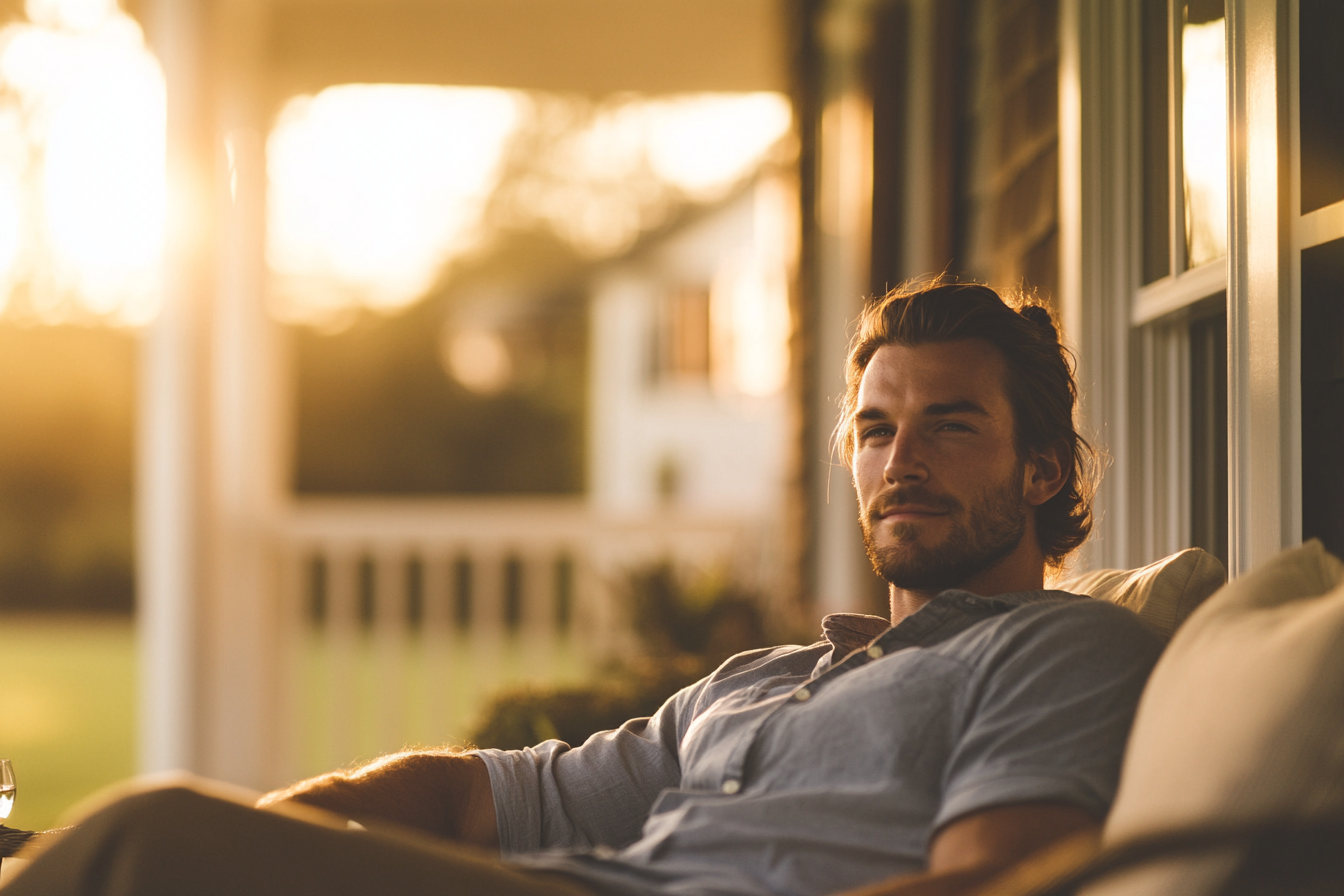 Ein Mann sitzt auf einer Veranda und sieht neugierig aus | Quelle: Midjourney