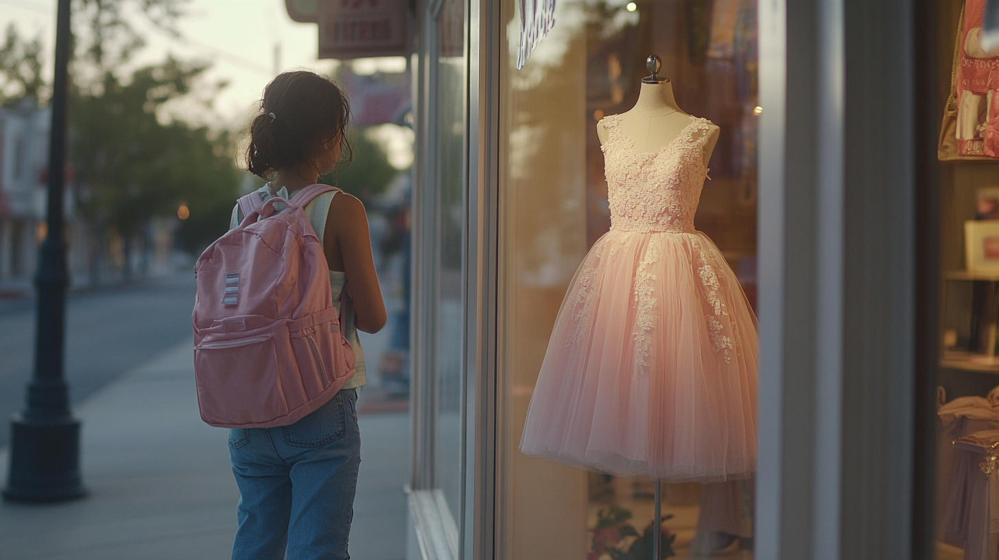 Teenager-Mädchen starrt auf ein rosa Kleid in einem Schaufenster | Quelle: Midjourney