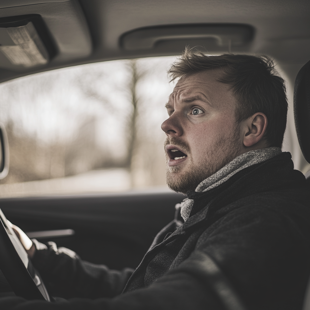 Ein Mann, der ein Auto fährt, sieht etwas Schockierendes | Quelle: Midjourney