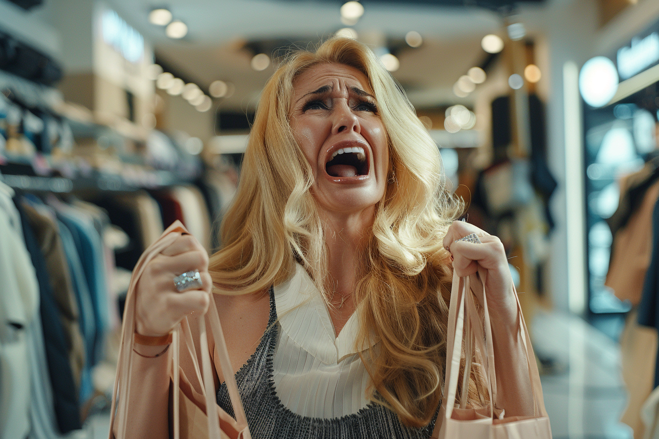 Eine schreiende Frau in einem Bekleidungsgeschäft | Quelle: Midjourney