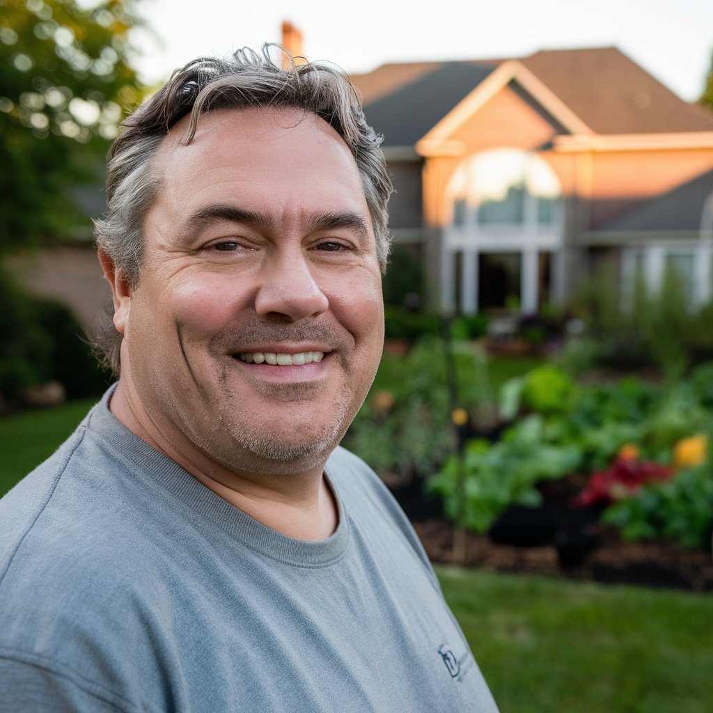 Ein selbstbewusst grinsender Mann in einem üppigen Garten | Quelle: Midjourney