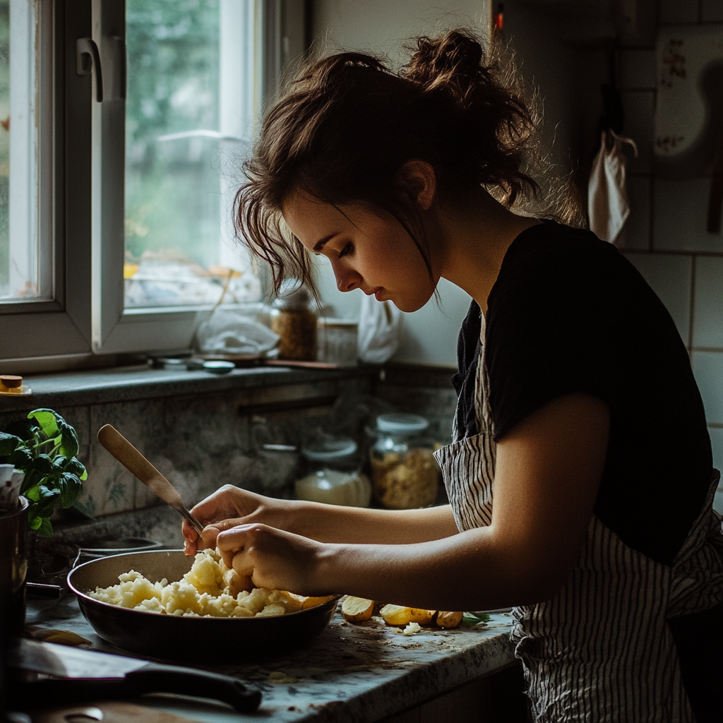 Eine Frau bei der Arbeit mit Kartoffelpüree | Quelle: Midjourney