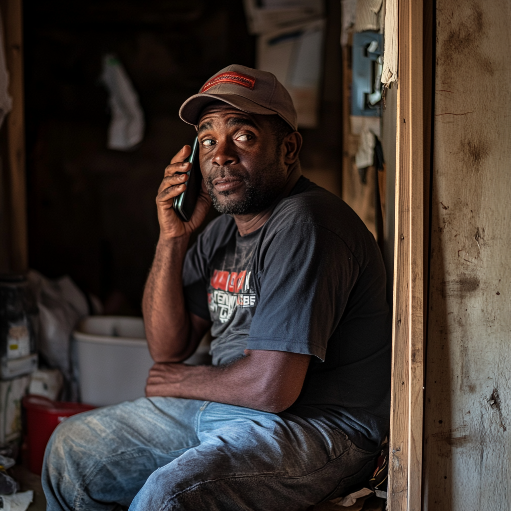 Ein Handwerker, der mit seinem Telefon spricht | Quelle: Midjourney