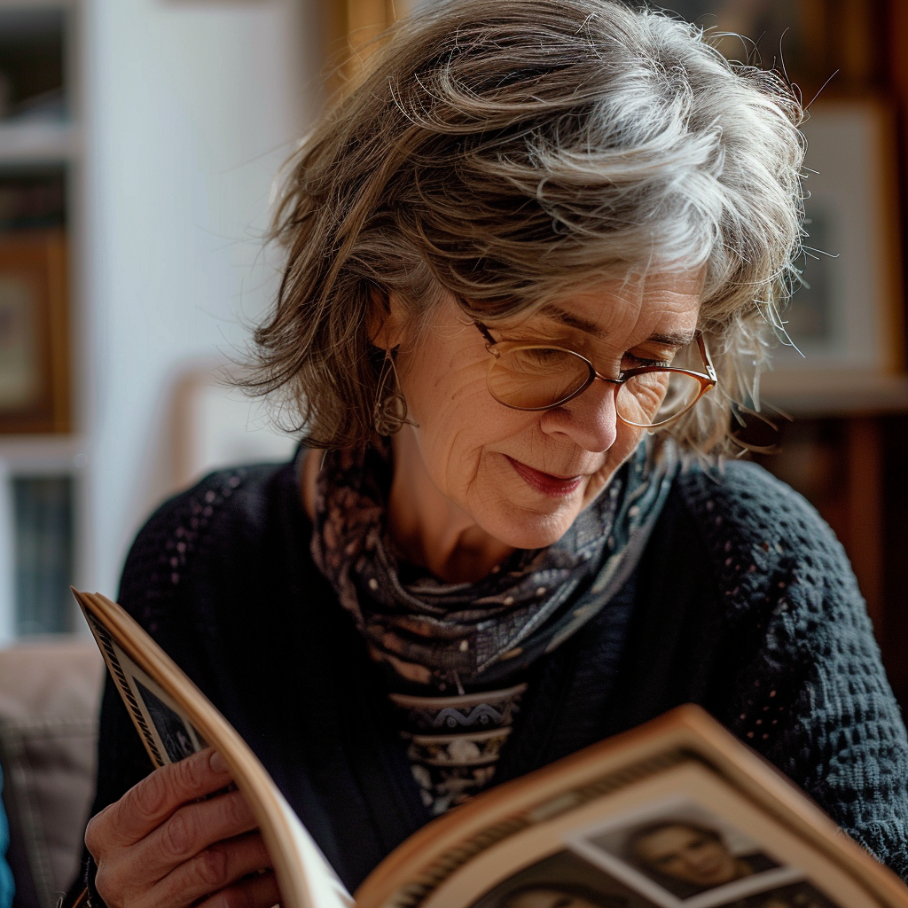 Eine Frau sitzt und schaut sich Fotos an | Quelle: Midjourney