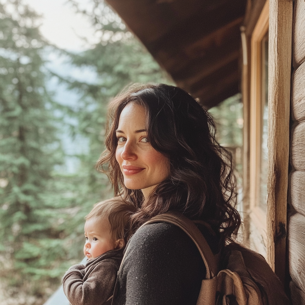 Eine Frau steht mit ihrem Baby vor einer Hütte | Quelle: Midjourney
