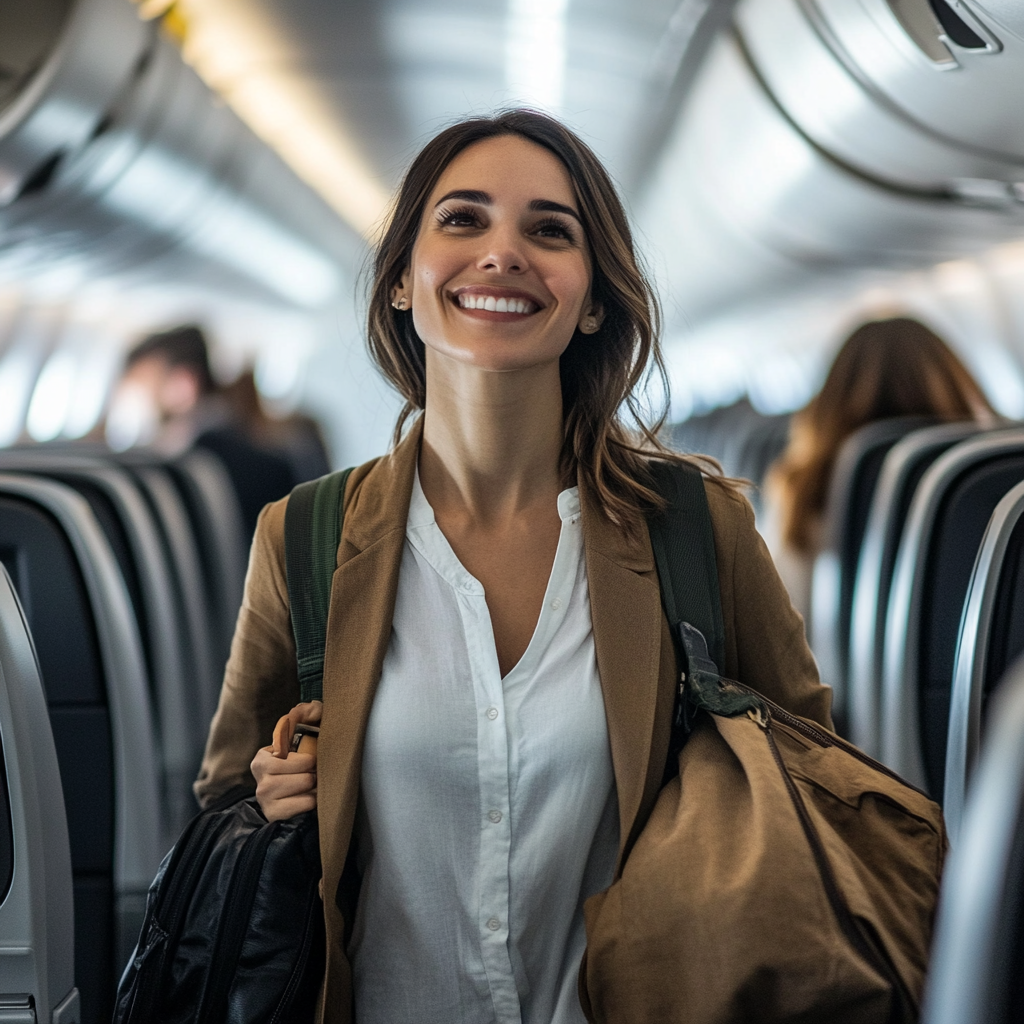 Die Frau geht mit einem zufriedenen Lächeln den Gang des Flugzeugs entlang. | Quelle: Midjourney