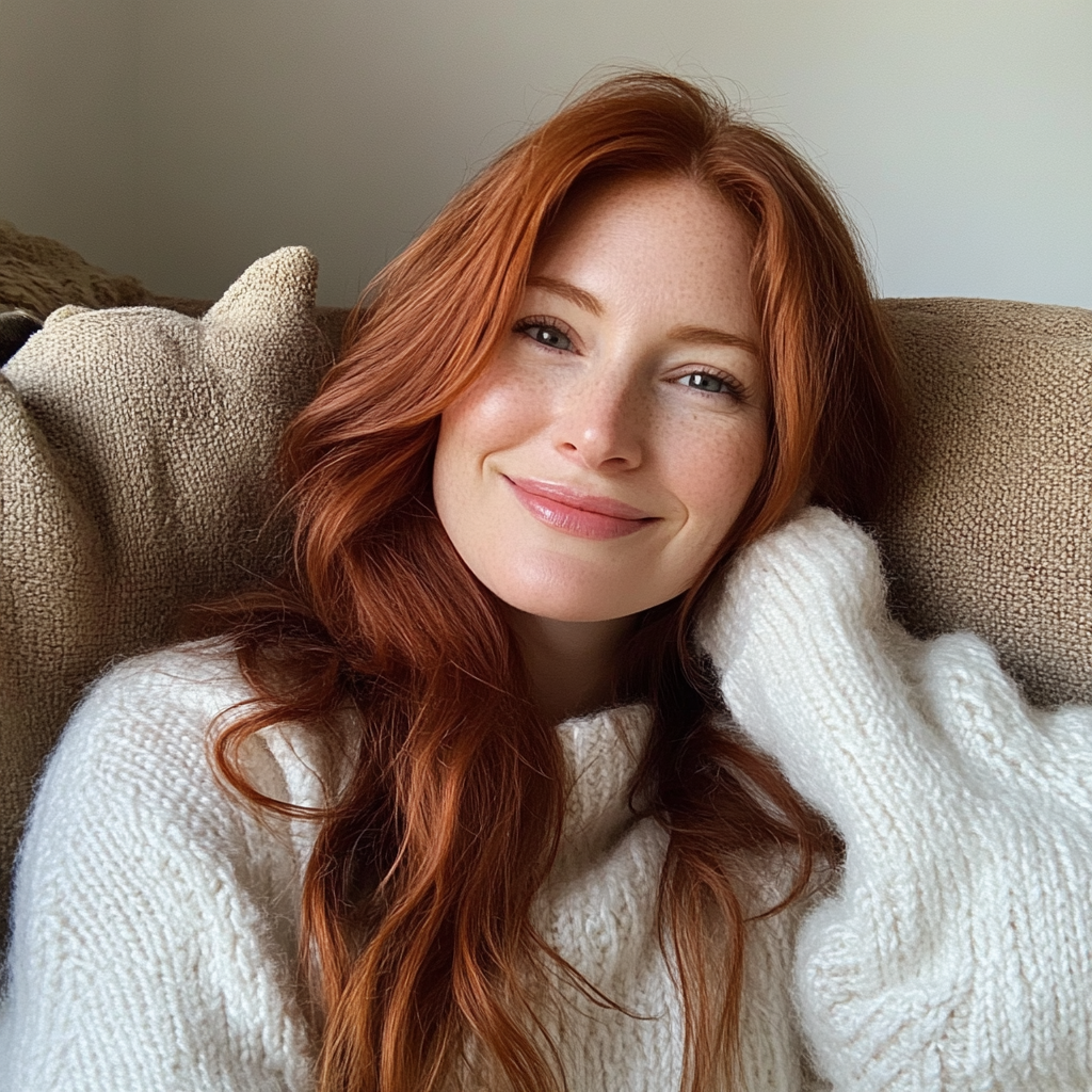 Eine lächelnde Frau, die auf einer Couch sitzt | Quelle: Midjourney