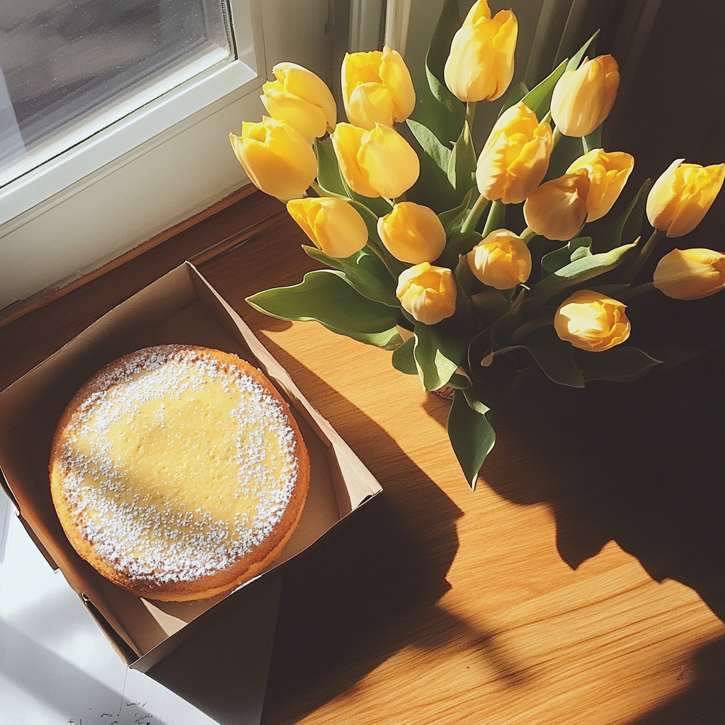 Ein Kuchen in einer Schachtel und eine Vase mit Tulpen | Quelle: Midjourney