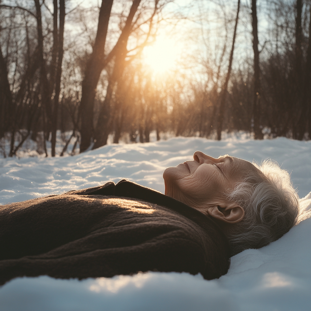 Eine ältere Person, die an einem kühlen Morgen im Schnee liegt | Quelle: Midjourney