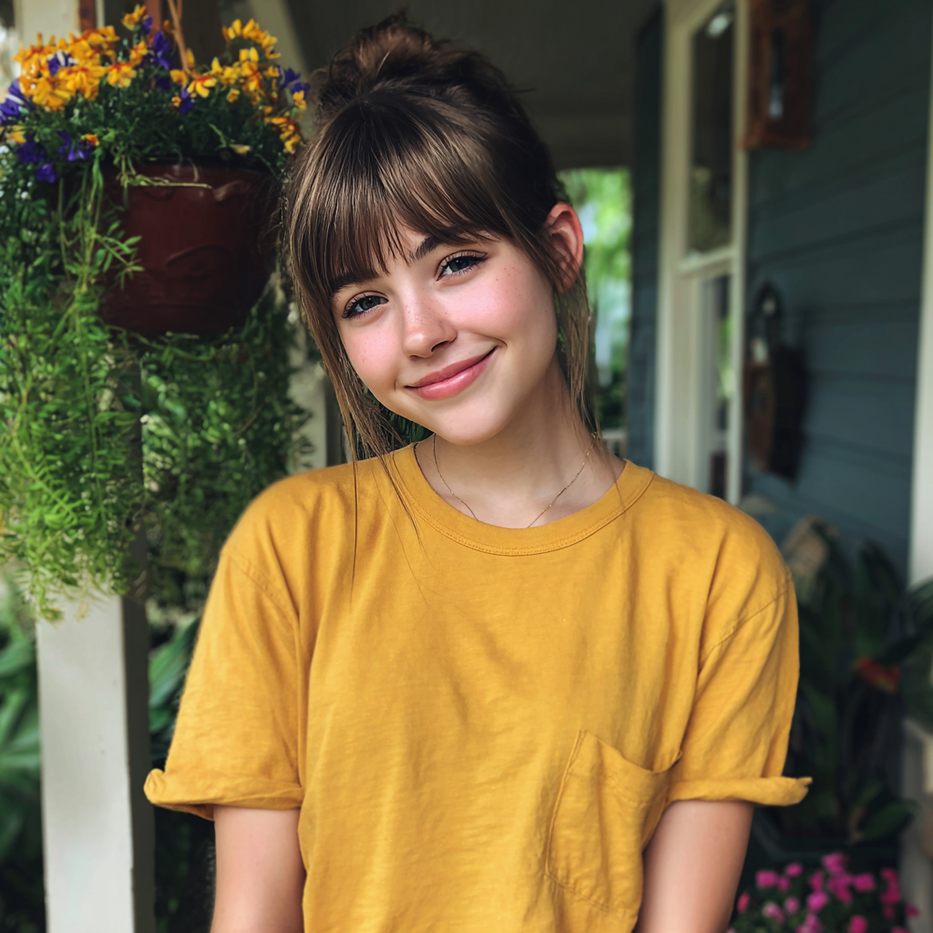 Ein lächelndes Teenager-Mädchen, das draußen steht | Quelle: Midjourney