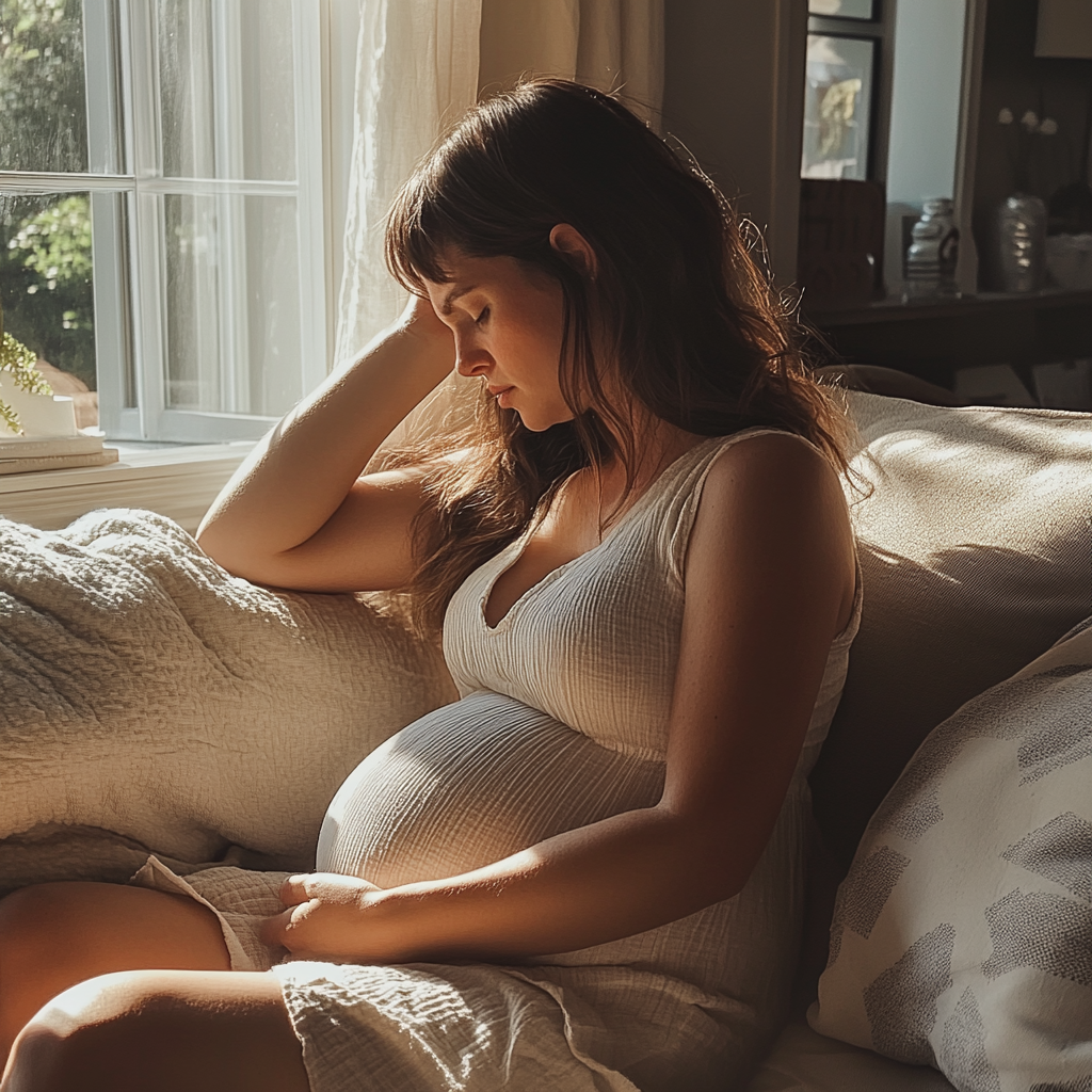 Eine Frau, die auf einer Couch sitzt und ihren Bauch hält | Quelle: Midjourney